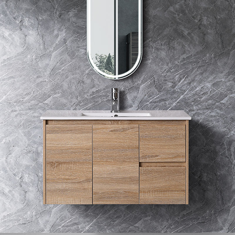 Sierra Series Wall Hung Left Hand Drawer Natural Timber 730x355x520mm Vanity with Ceramic Slimline Top (UV32)