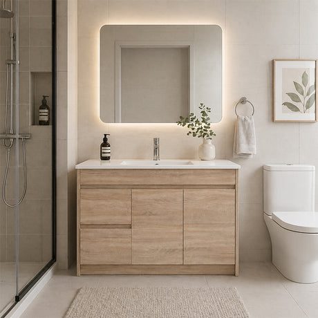 Oakdoo Series Left Hand Drawer Prime Oak Overall 1180x450x855mm Vanity Set With Flat Stone Bench Top