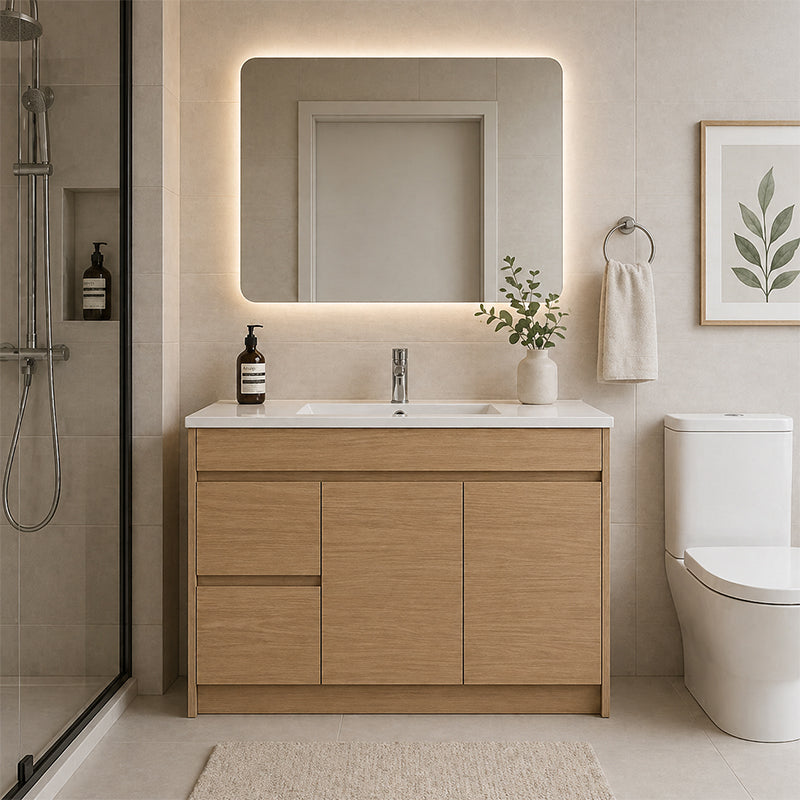 Oakdoo Series Left Hand Drawer Natural Timber Overall 1180x450x855mm Vanity Set With Flat Stone Bench Top
