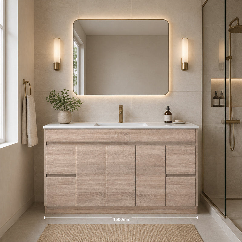 Oakdoo Series Single Bowl Prime Oak Overall 1480x450x855mm Vanity Set With Flat Stone Bench Top