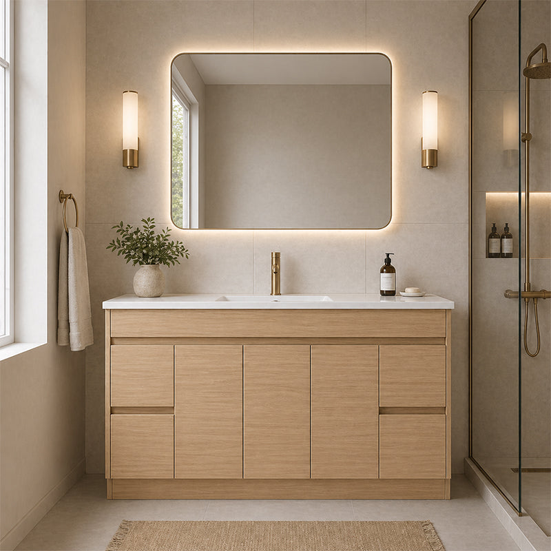 Oakdoo Series Single Bowl Natural Timber Overall 1480x450x855mm Vanity Set With Stone Top & Ceramic Undermount Basin