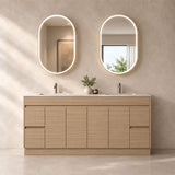 Oakdoo Series Free Standing Vanity Double Bowls Natural Timber 1776x455x855mm With Flat Stone Top