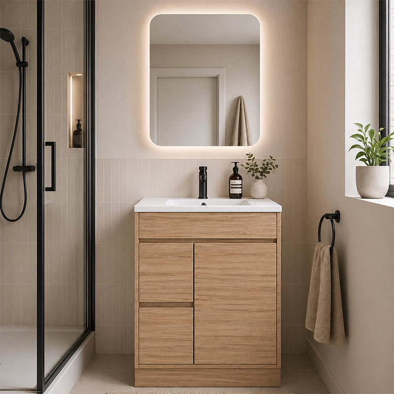 Oakdoo Series Left Hand Drawer Natural Timber Overall 730x450x855mm Vanity Set With Stone Top & Ceramic Undermount Basin