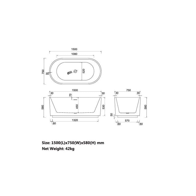 Trina Freestanding Bathtub Matt White O/F 1500x750x580mm