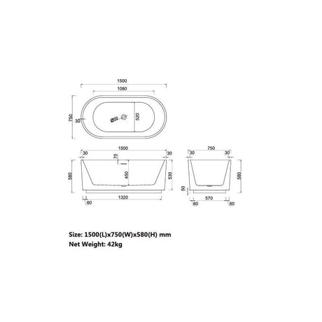 Trina Freestanding Bathtub Matt White O/F 1500x750x580mm