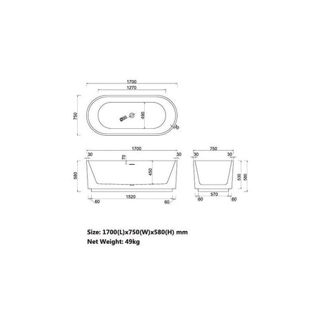 Trina Freestanding Bathtub Matt White O/F 1700x750x580mm