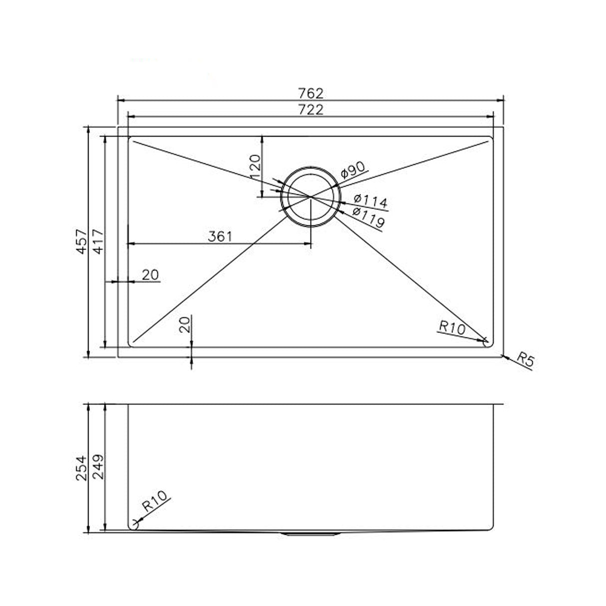 762x457x254mm Chrome Stainless Steel Single Bowl Kitchen Sink