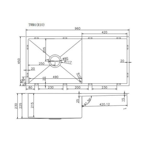 960x450x230mm Chrome Stainless Steel Single Bowl Kitchen Sink