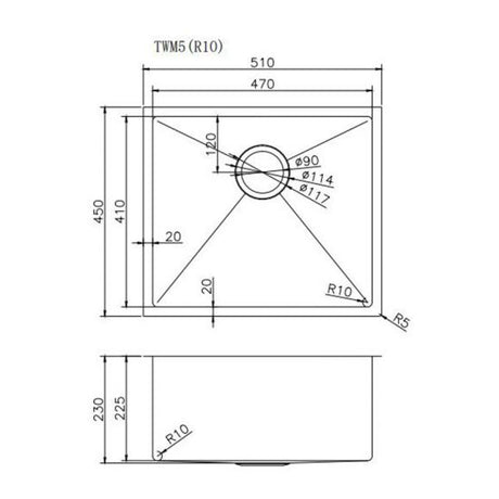 510x450x230mm Chrome Stainless Steel Single Bowl Kitchen Sink