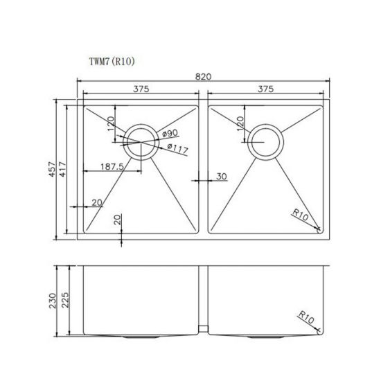 820x457x230mm Chrome Stainless Steel Double Bowl Kitchen Sink