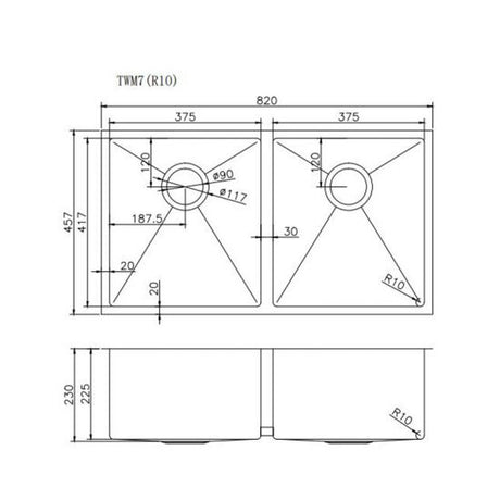 820x457x230mm Chrome Stainless Steel Double Bowl Kitchen Sink