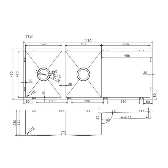 1160x460x230mm Chrome Stainless Steel Double Bowl Kitchen Sink