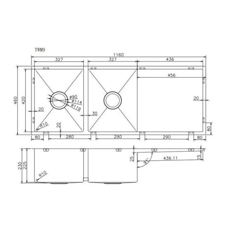 1160x460x230mm Chrome Stainless Steel Double Bowl Kitchen Sink