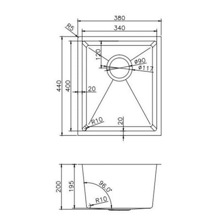 380x440x200mm Chrome Stainless Steel Single Bowl Kitchen Sink