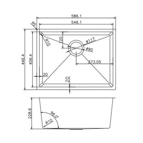 586x450x230mm Chrome Stainless Steel Single Bowl Kitchen Sink